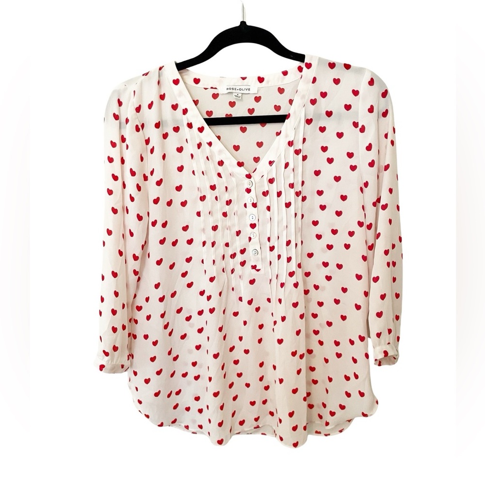 Rose & Olive Red Hearts Valentines 3/4 Sleeve Shirt Blouse Flowy Women's Size S‎